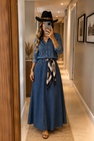 2124 Saia gata botão longa jeans