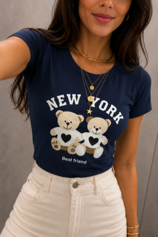 2513 Blusa t-shirt manga curta ursinho New york