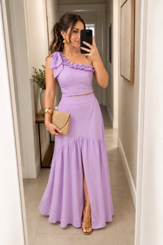 2825 Conjunto Jho cropped mula manca laço e saia longa alfaiataria