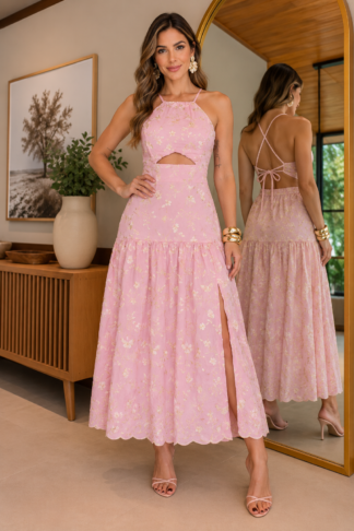 2965 Vestido Sonia midi frente única com fenda bordado