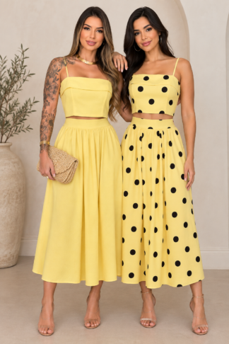 010 Conjunto cropped alça regata e saia midi bolso liso e poá alfaiataria