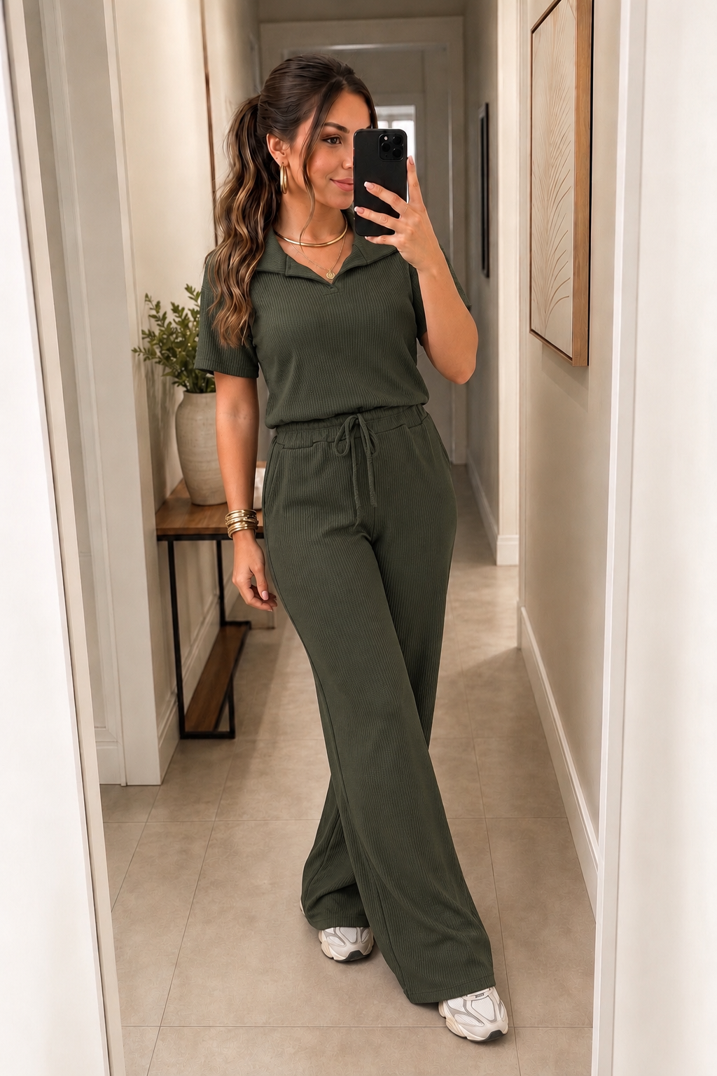 2166 Conjunto Cheli blusa manga curta gola polo e calça pantalona