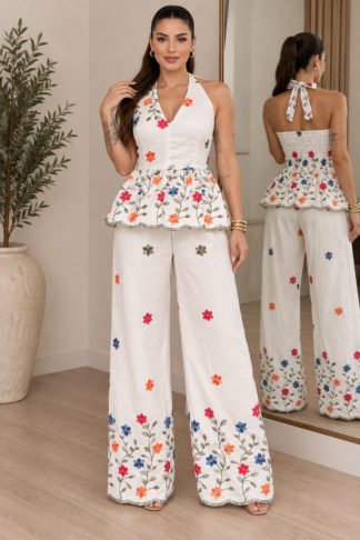 2099 Conjunto Mel blusa regata frente única e calça pantalona linhão bordado tropical