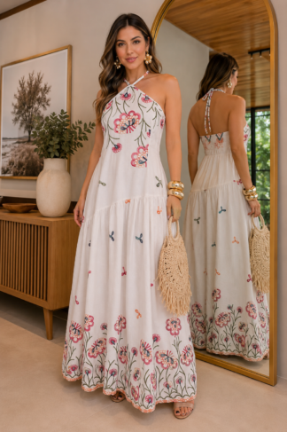 2099 Vestido longo assimétrico frente única linhão bordado tropical