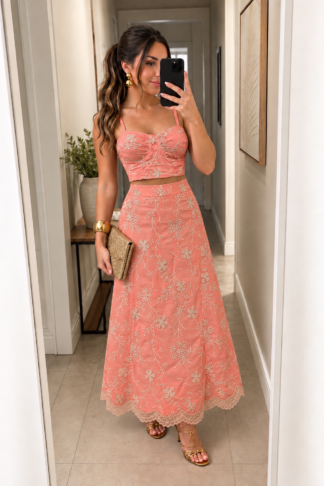 2115 Conjunto Sonia cropped alça fina e saia midi bolso bordado