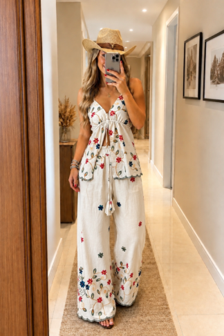 2099 Conjunto Mel blusa regata bata e calça pantalona linhão bordado tropical