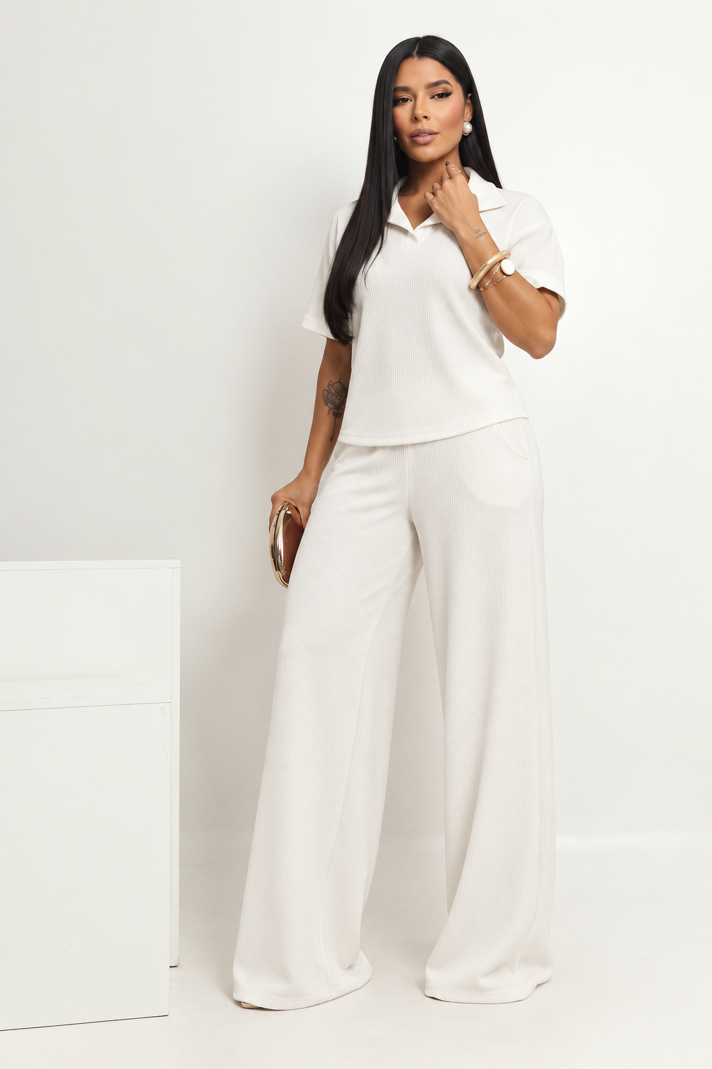 2166 Conjunto Cheli blusa manga curta gola polo e calça pantalona - Imagem 2