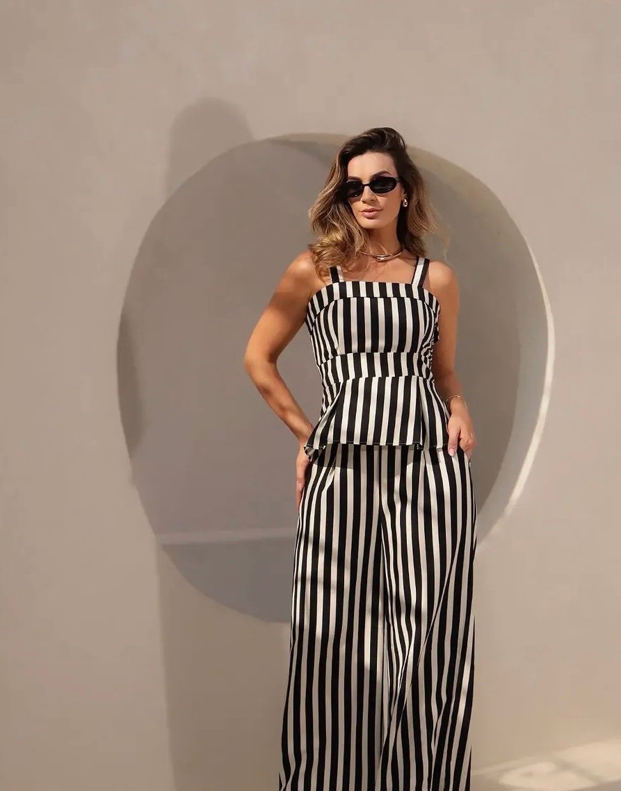 008 Conjunto Davi blusa regata peplum e calça pantalona listrado poá alfaiataria - Imagem 3