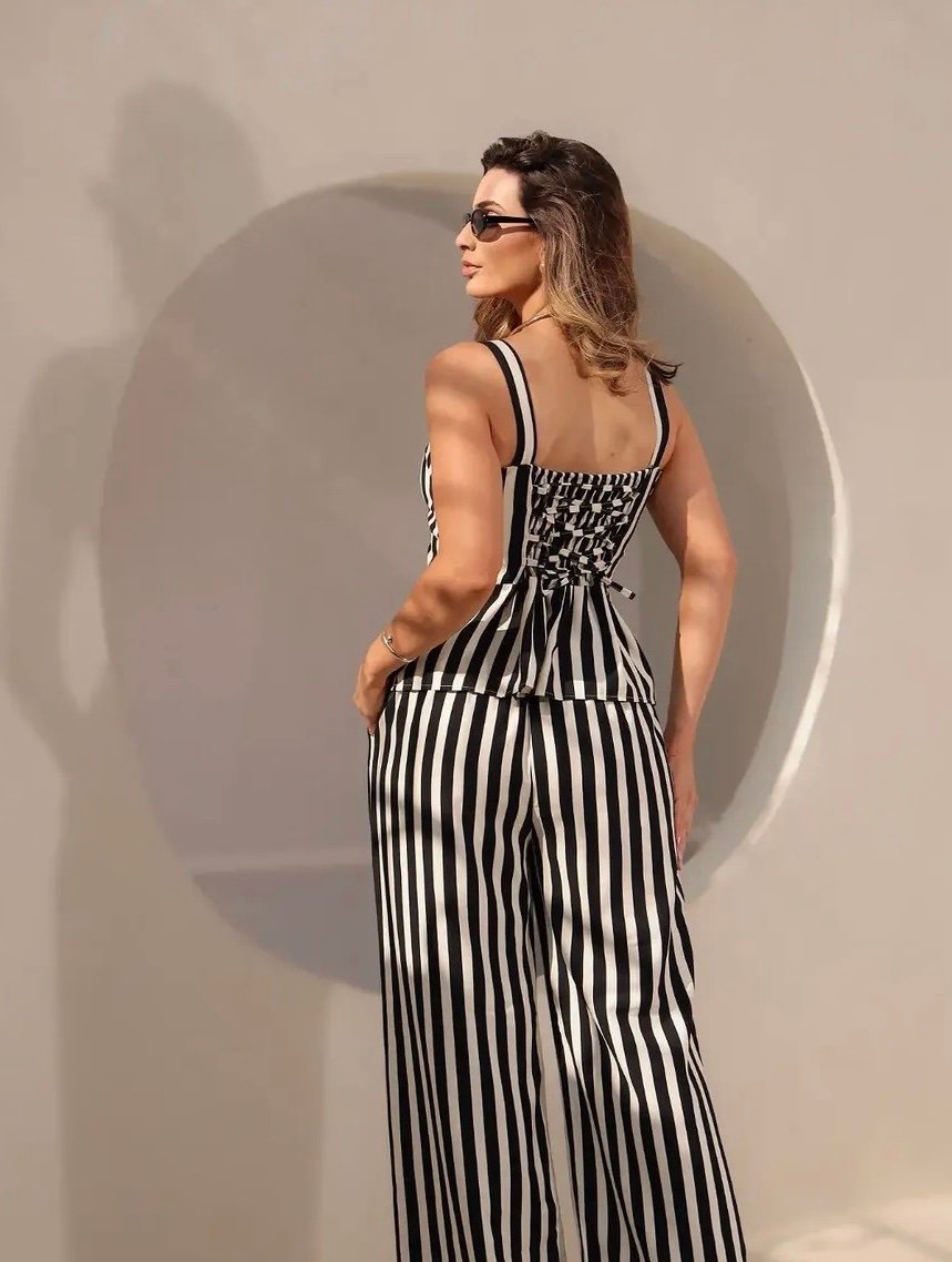 008 Conjunto Davi blusa regata peplum e calça pantalona listrado poá alfaiataria - Imagem 4