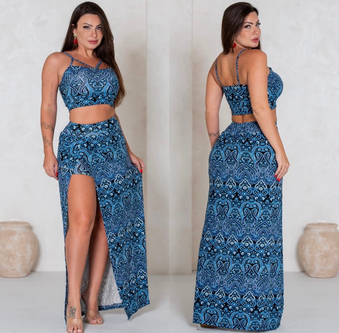 012 Conjunto Cida cropped tiras e shorts com saia longa fenda - Imagem 8