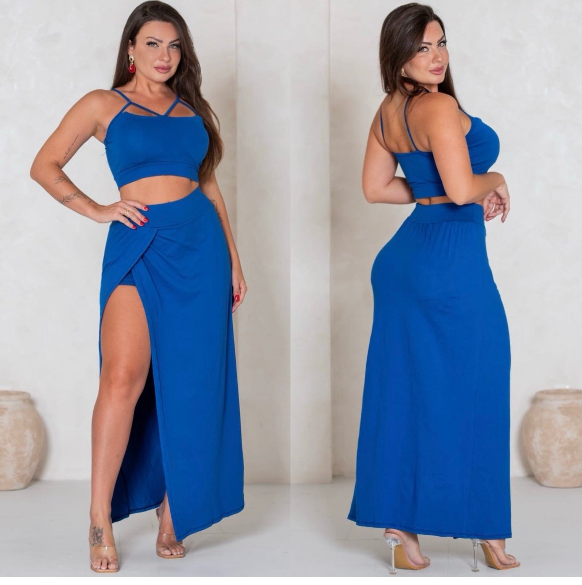 012 Conjunto Cida cropped tiras e shorts com saia longa fenda - Imagem 2