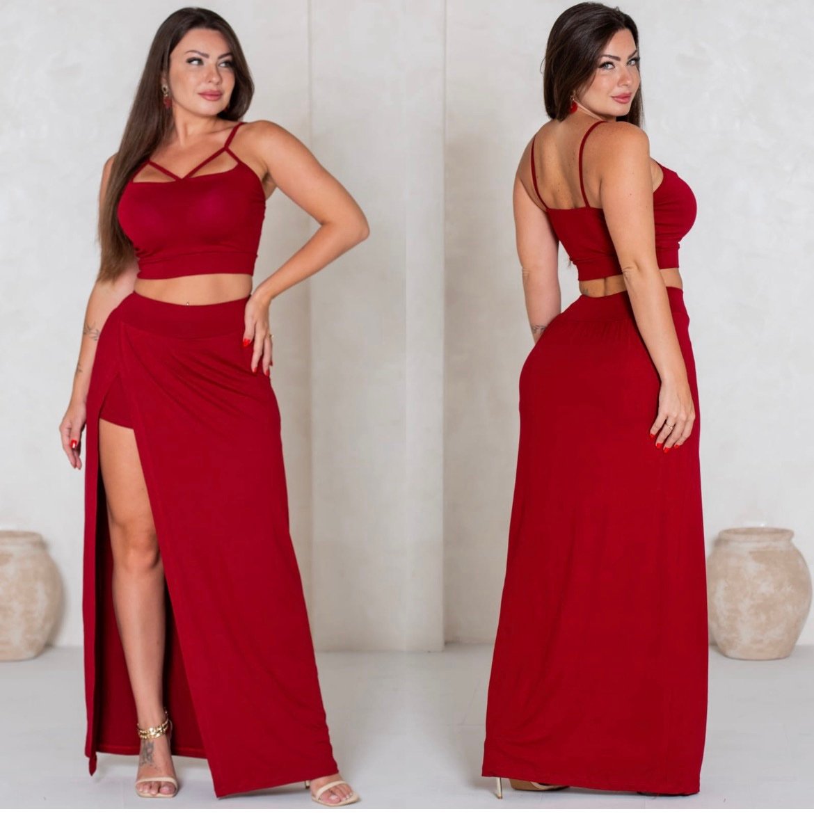 012 Conjunto Cida cropped tiras e shorts com saia longa fenda - Imagem 3