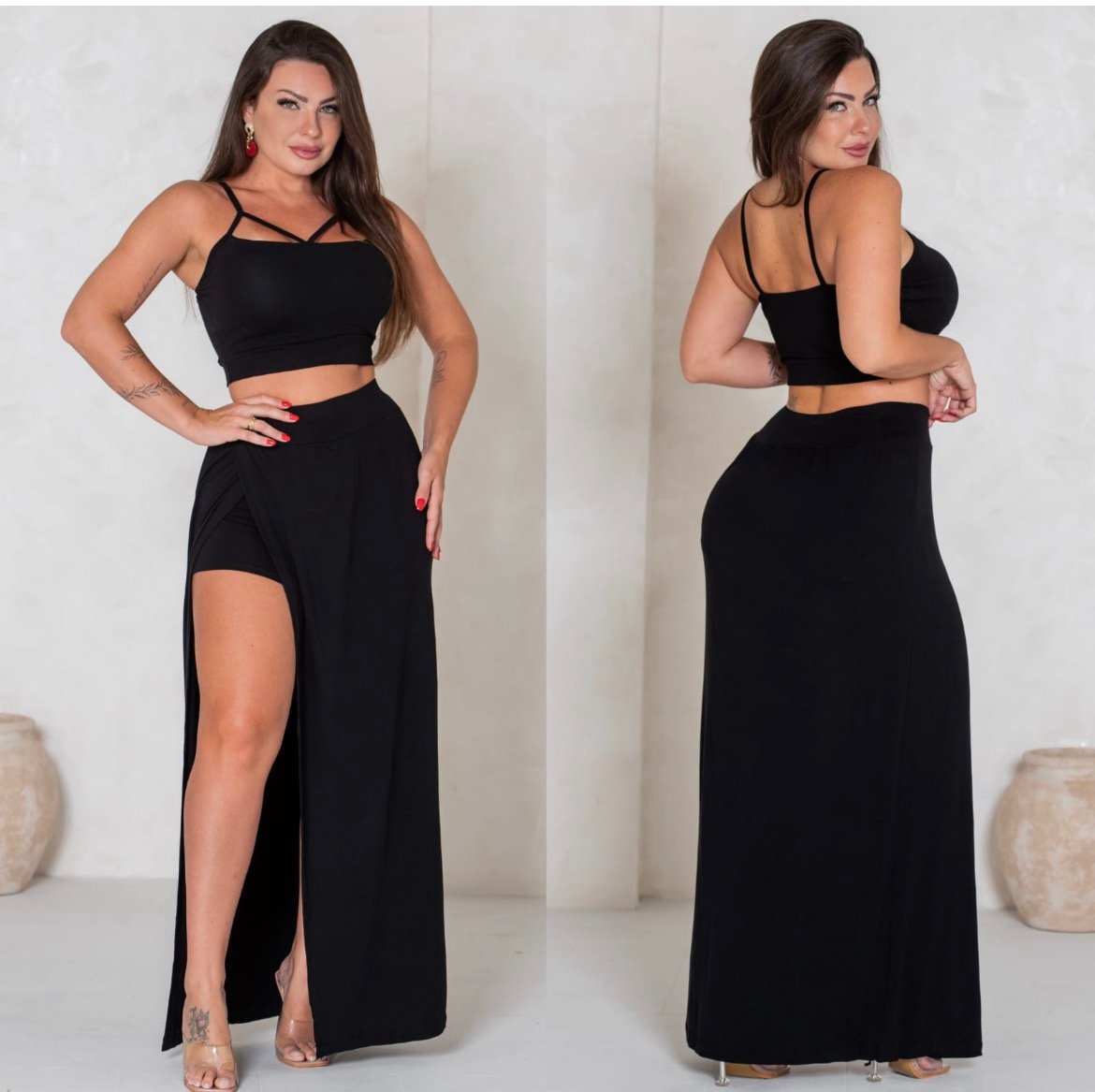 012 Conjunto Cida cropped tiras e shorts com saia longa fenda - Imagem 4