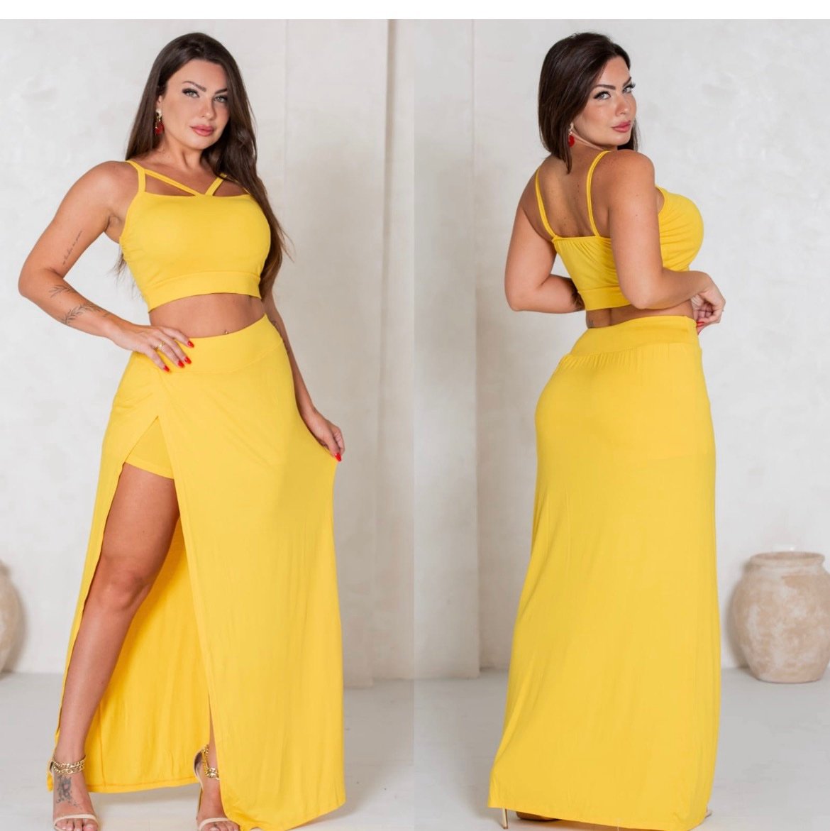 012 Conjunto Cida cropped tiras e shorts com saia longa fenda - Imagem 5