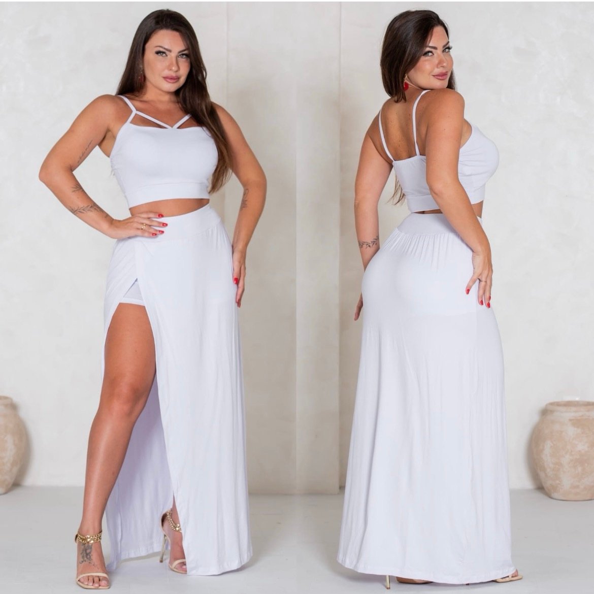 012 Conjunto Cida cropped tiras e shorts com saia longa fenda - Imagem 6
