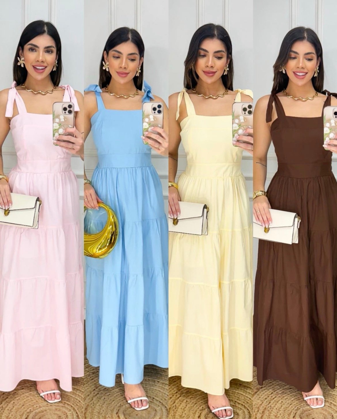 015 Vestido longo Caua alça grossa amarrar liso poá - Imagem 5