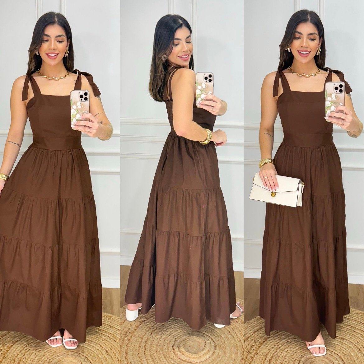 015 Vestido longo Caua alça grossa amarrar liso poá - Imagem 2