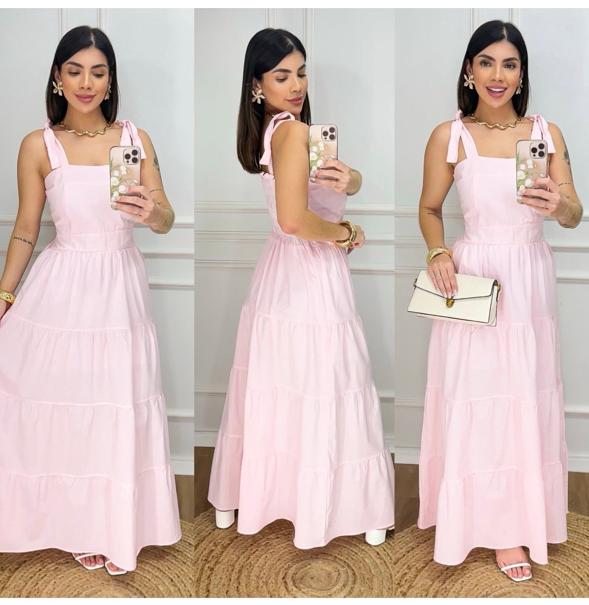 015 Vestido longo Caua alça grossa amarrar liso poá - Imagem 3