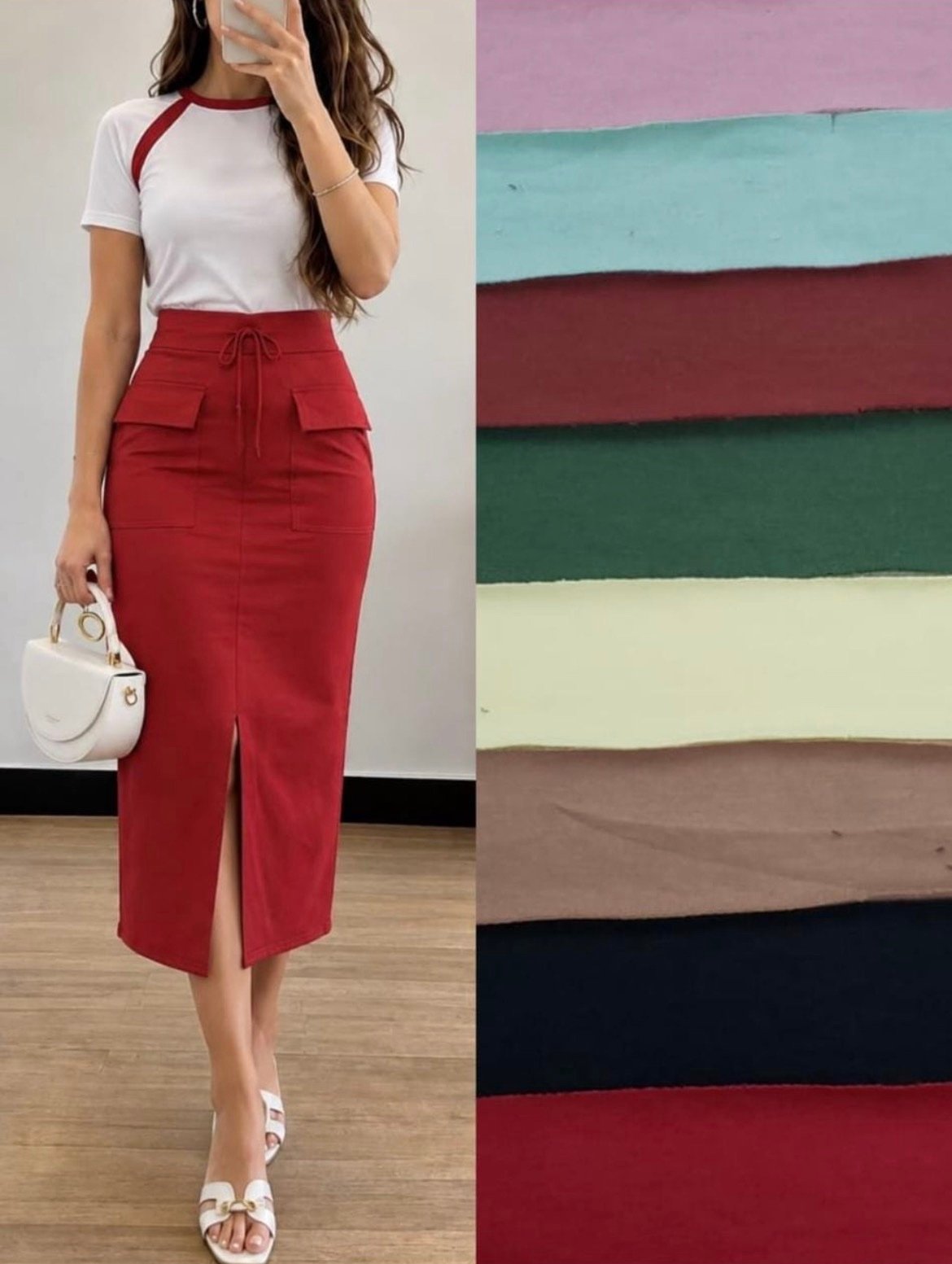 011 Conjunto Luli blusa polo bicolor e saia midi fenda moletom - Imagem 8