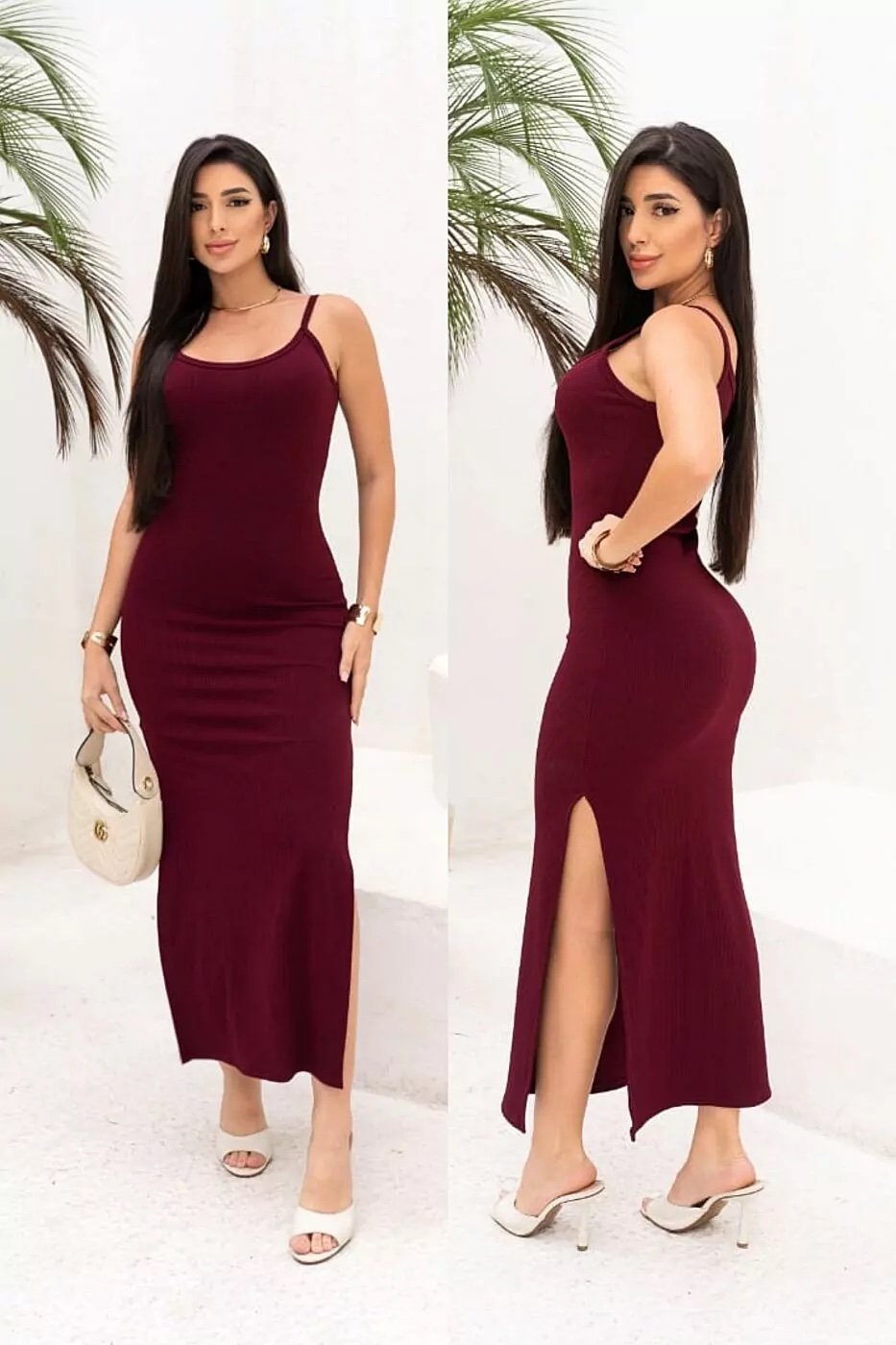 017 Vestido Ary longo alça fina fenda lateral canelado - Imagem 4