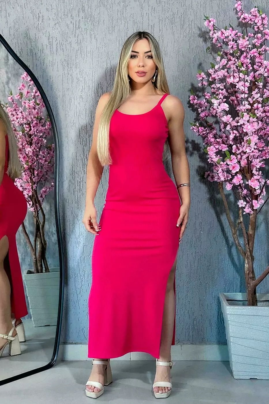 017 Vestido Ary longo alça fina fenda lateral canelado - Imagem 11