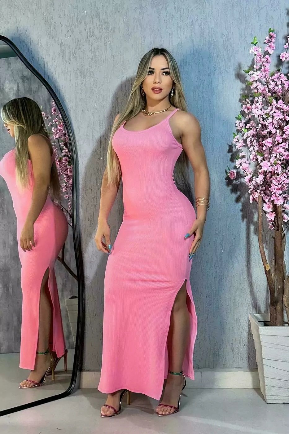 017 Vestido Ary longo alça fina fenda lateral canelado - Imagem 15