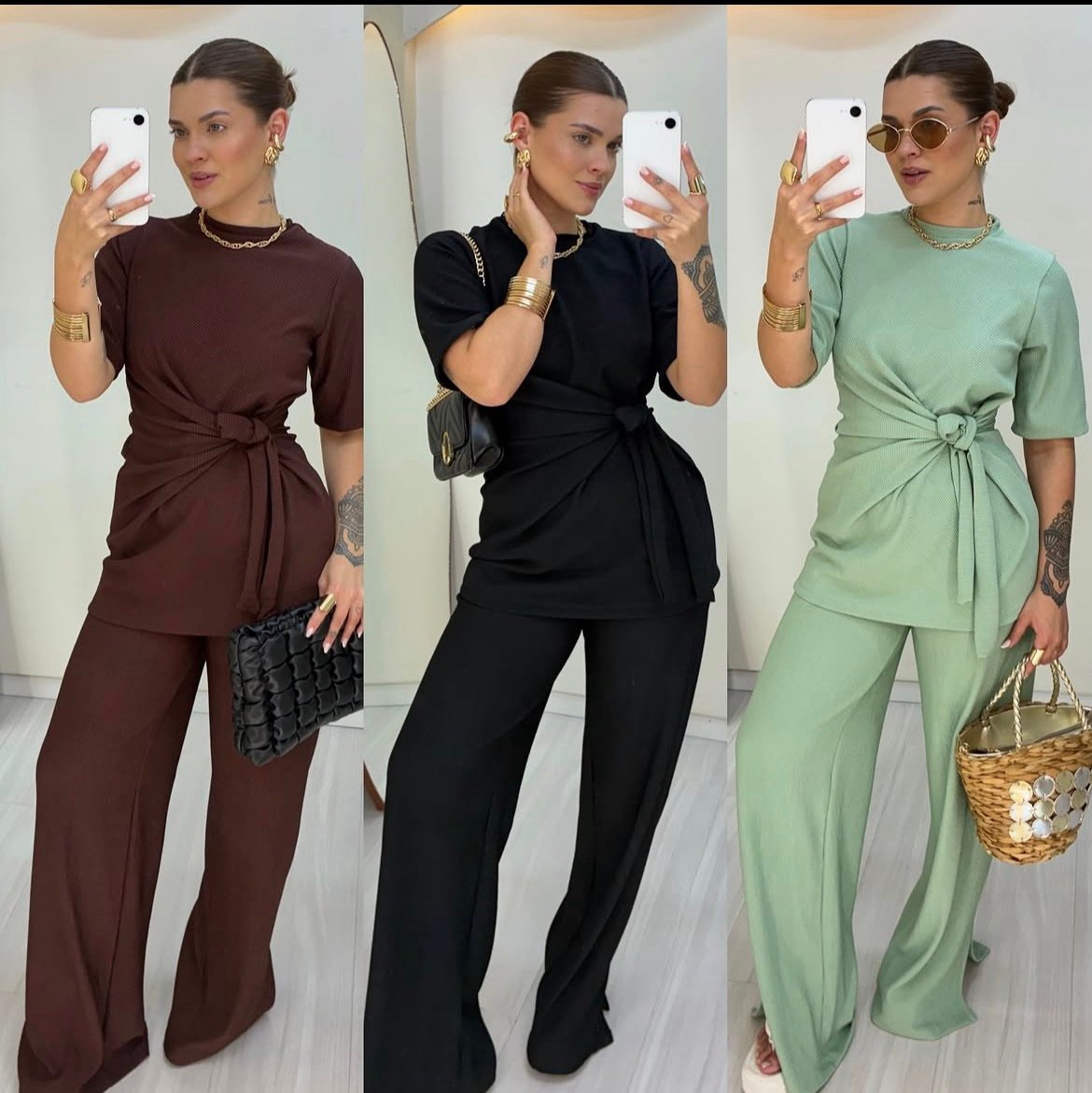 027 Conjunto Blusa T-shirt com ajuste na cintura e calça max pantalona canelado - Imagem 6