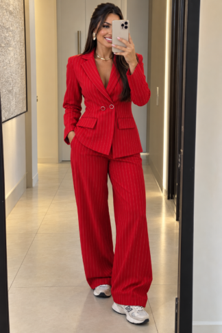 057 Conjunto Maria Blazer e calça wide leg pantalona estilo Zara alfaiataria risca de giz - Disponível peça separada