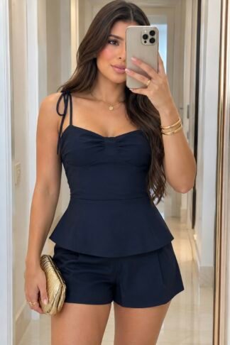 054 Conjunto Koy blusa regata peplum busto retro e shorts alfaiataria
