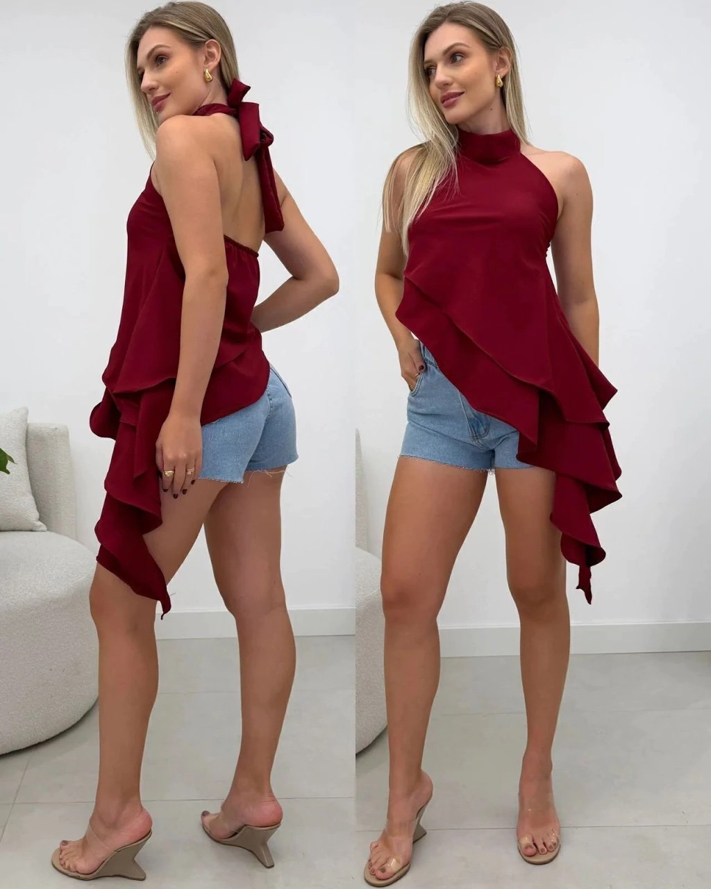2116 Blusa cropped bata gola alta assimétrica babado - Imagem 10