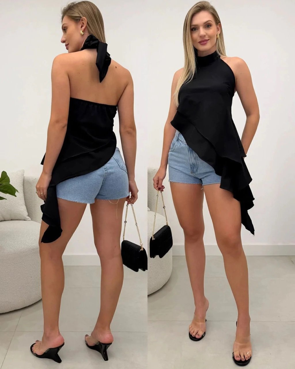 2116 Blusa cropped bata gola alta assimétrica babado - Imagem 7