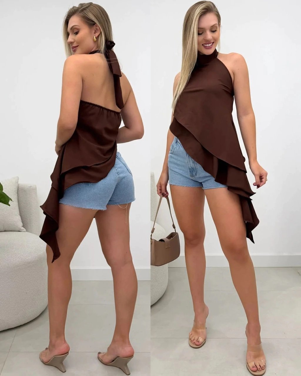 2116 Blusa cropped bata gola alta assimétrica babado - Imagem 8