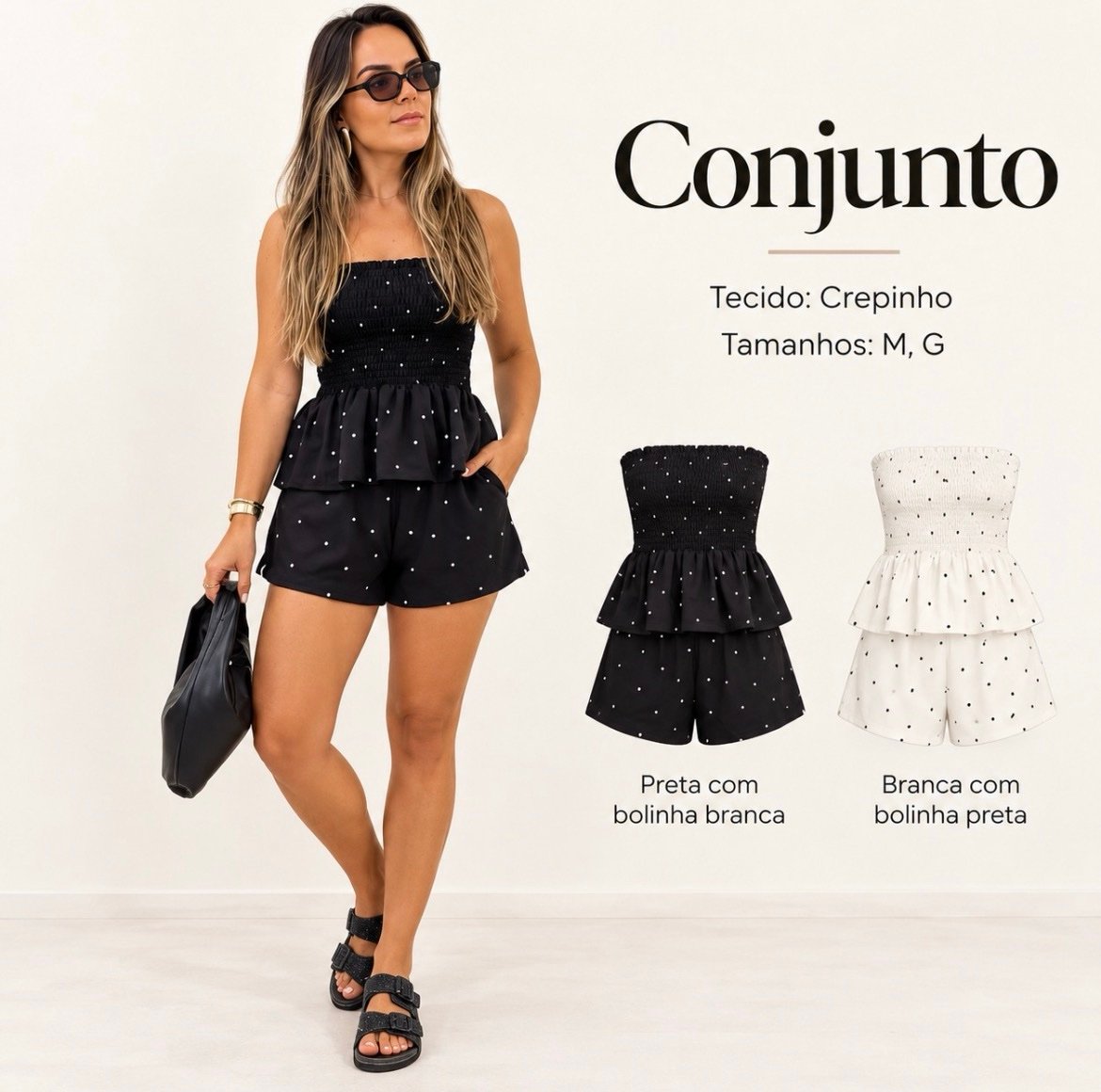 032 Conjunto Gael blusa tomara que caia peplum e shorts poá - Imagem 2