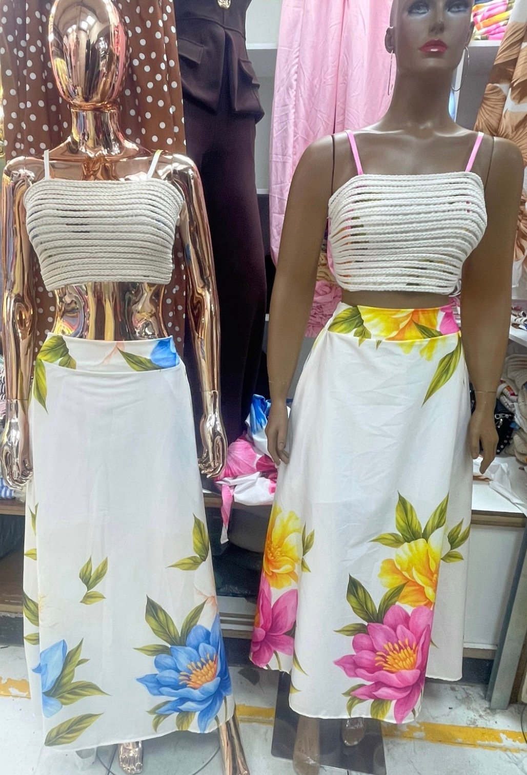 034 Conjunto cropped amarrar corda e saia bolsa floral tropical - Imagem 7