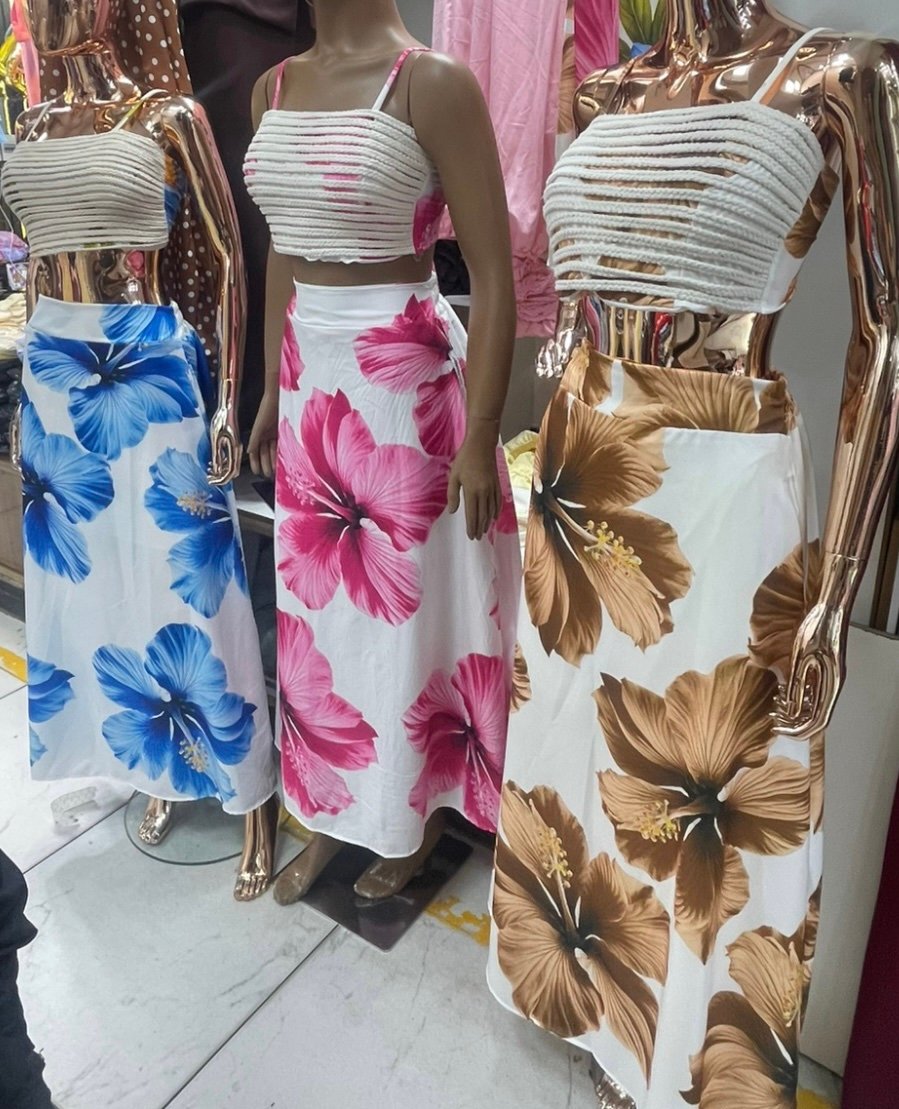 034 Conjunto cropped amarrar corda e saia bolsa floral tropical - Imagem 8