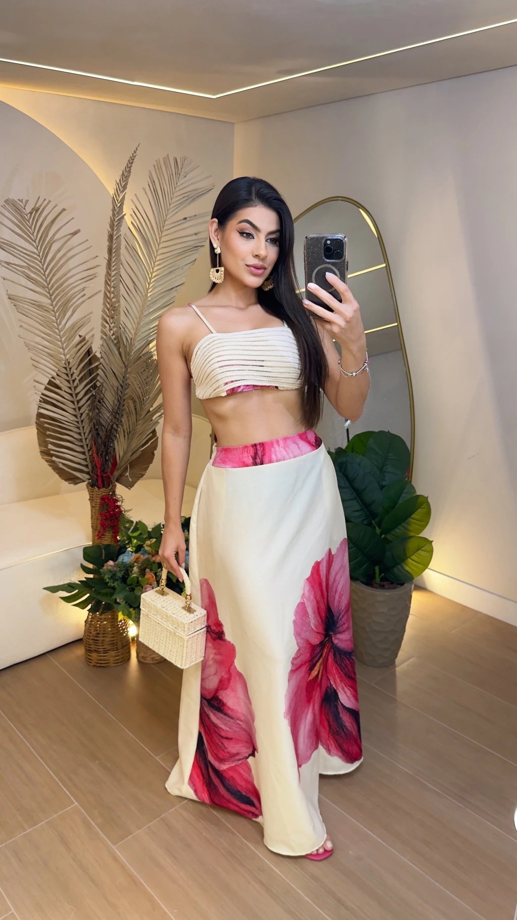 034 Conjunto cropped amarrar corda e saia bolsa floral tropical - Imagem 4