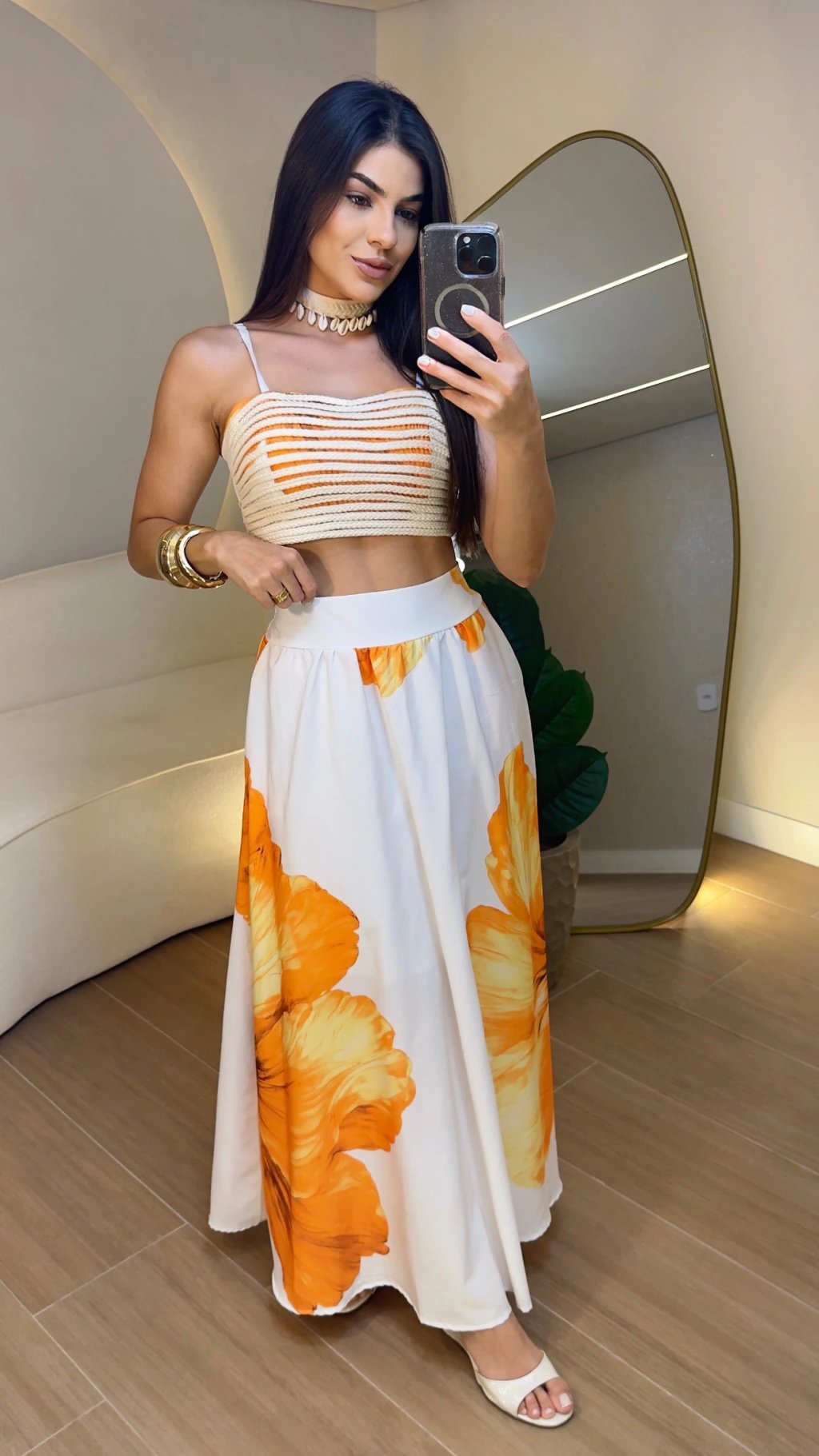 034 Conjunto cropped amarrar corda e saia bolsa floral tropical - Imagem 5