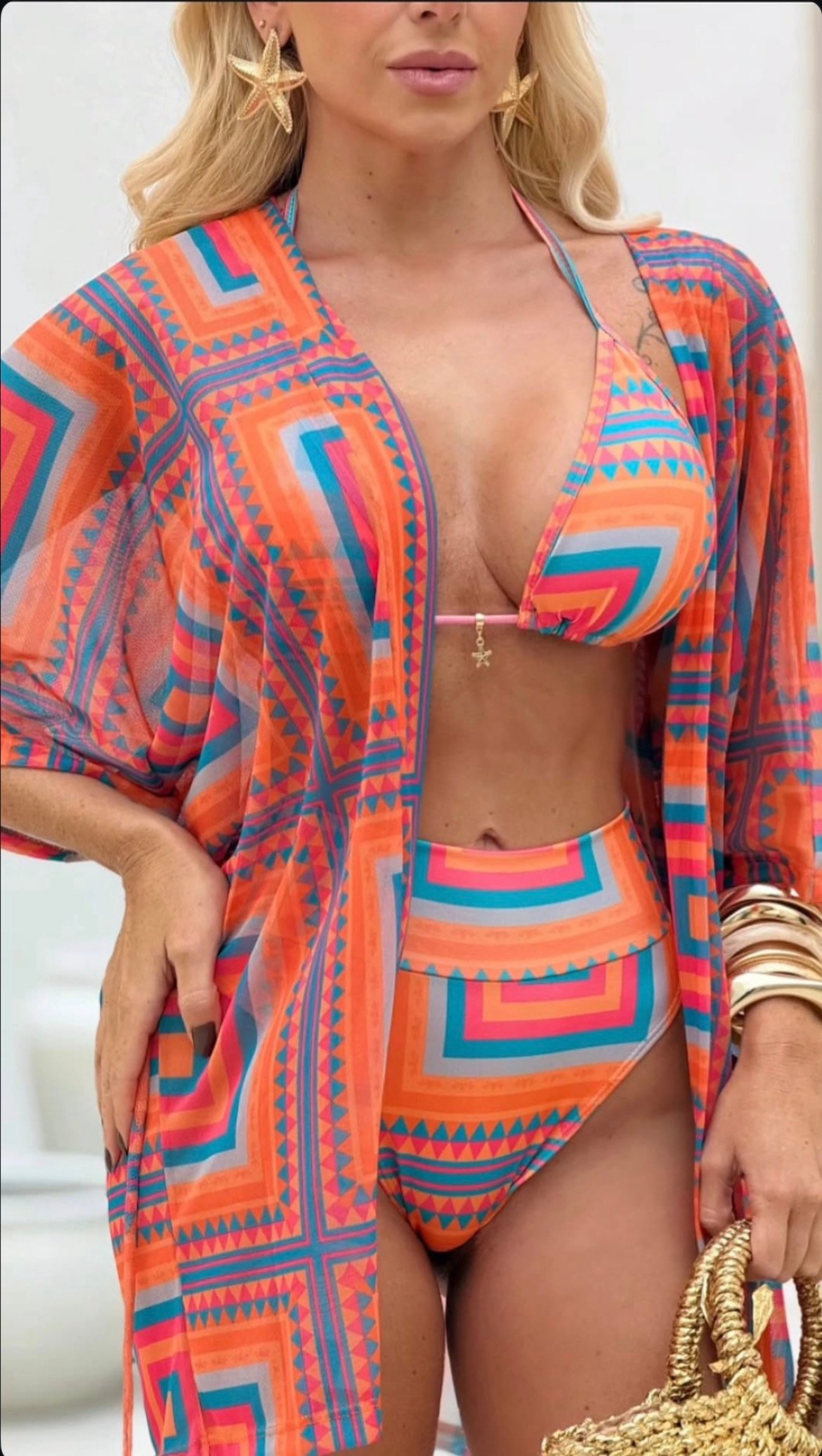 046 Conjunto Mily 3 peças, biquini cintura alta + kimono tule - Imagem 12